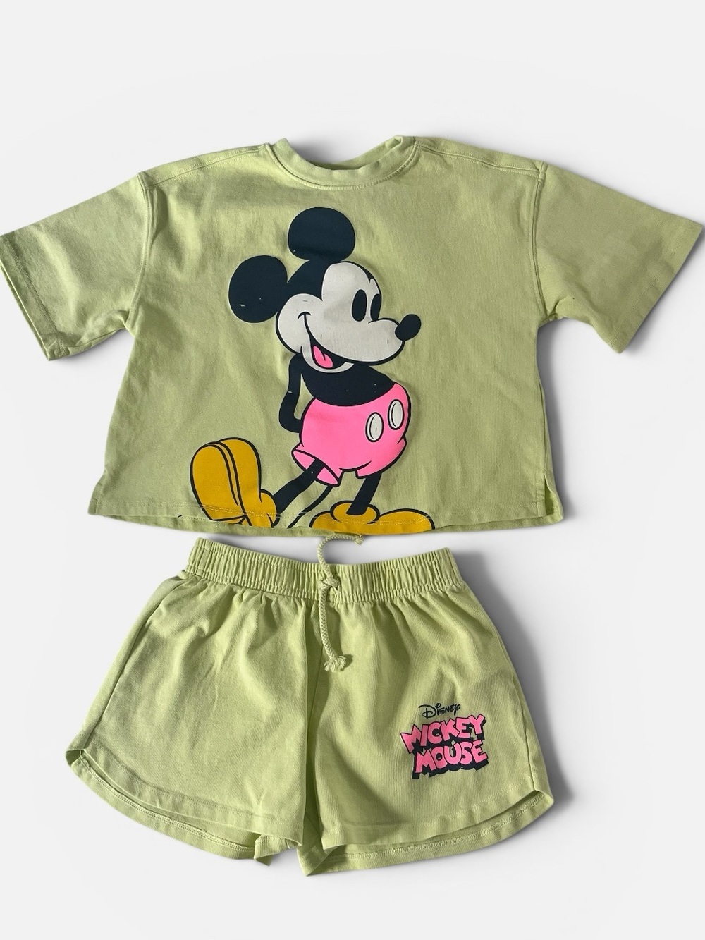 Zara Mickey Mouse Distressed Graphic Tee & Shorts Set - Sage Green